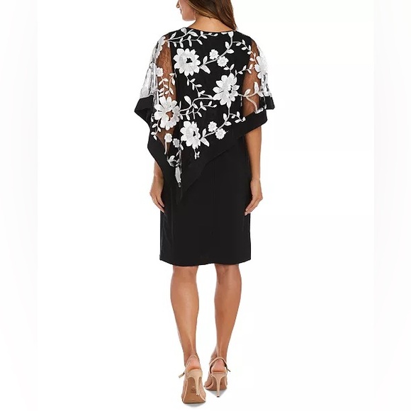 R&M Richards Petite Floral Embroidered Lace Poncho Dress Black/White 8P NWT - Picture 2 of 8